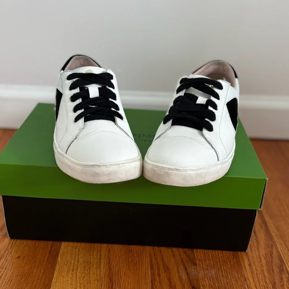 kate spade White Leather Sneakers with Black Spade Detail - Picture 2 of 12